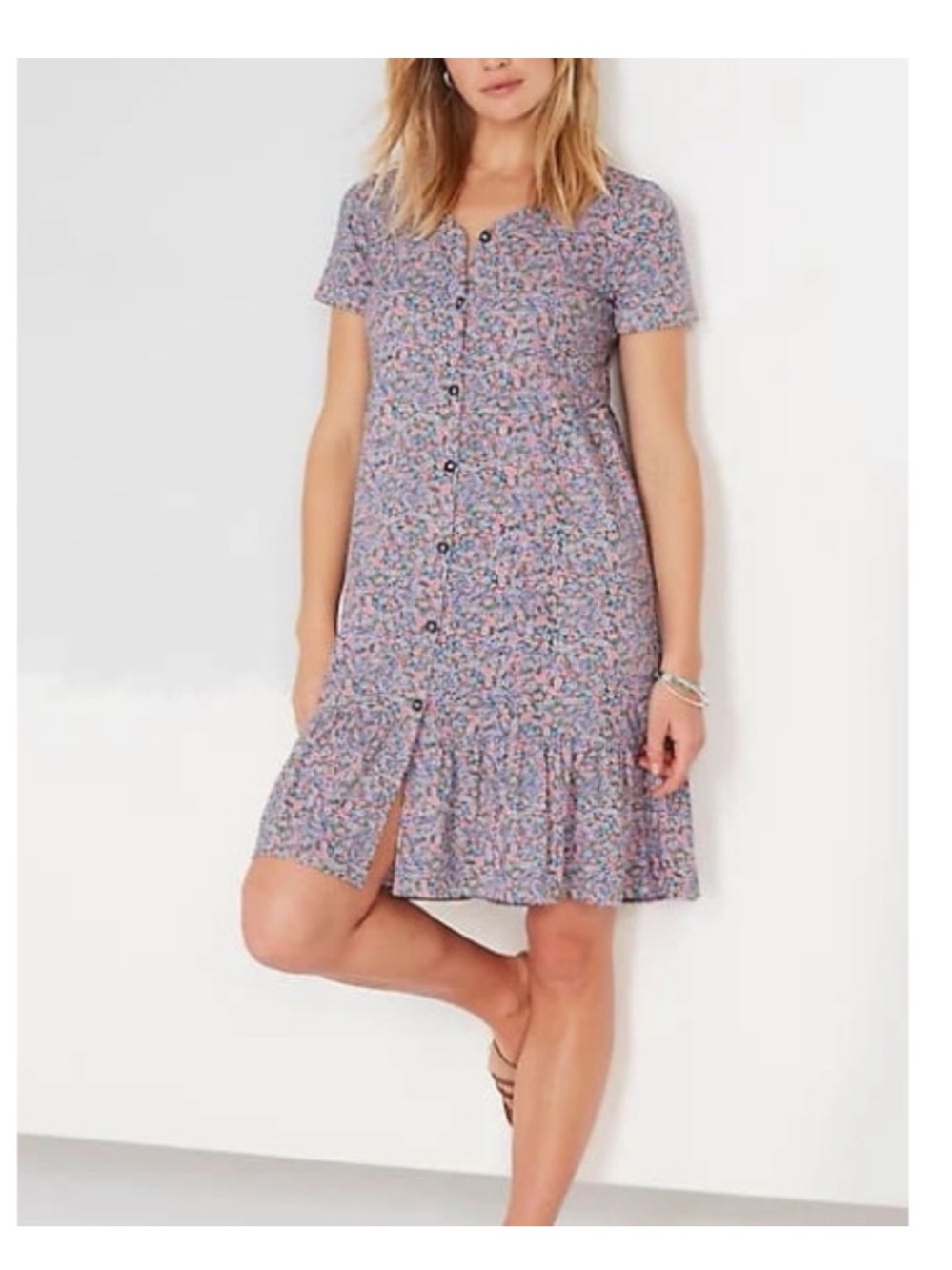 J. Jill Floral Cotton Tencel Short Sleeve Tiered Button Front V-neck Dress - Picture 2 of 12